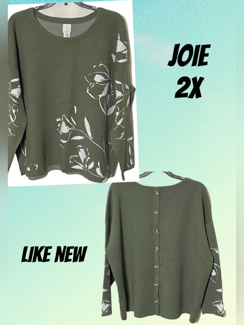 Like New Joie Olive Green/White Floral Crewneck Plus Size Sweater/Button Up Back
